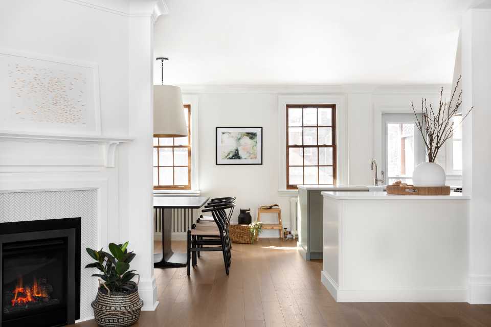 hardwood flooring in open concept designer living, kitchen space 
